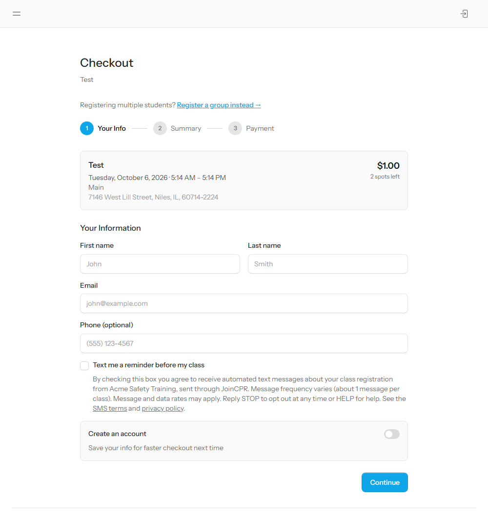 Class registration form showing the Phone field, the unchecked 'Text me a reminder before my class' box and the consent disclosure beneath it